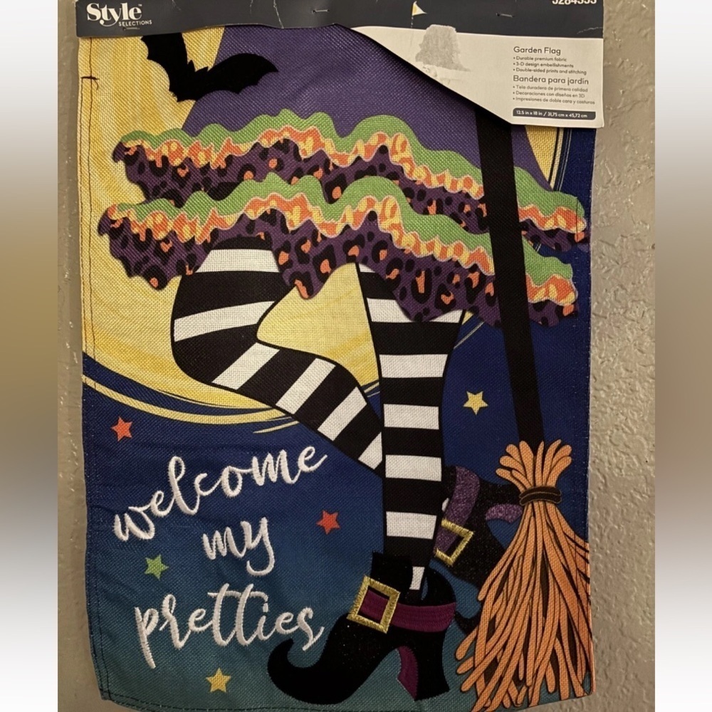 Garden Flag Welcome My Pretties Witch Canvas Cloth 12.5" x 18" Halloween New
